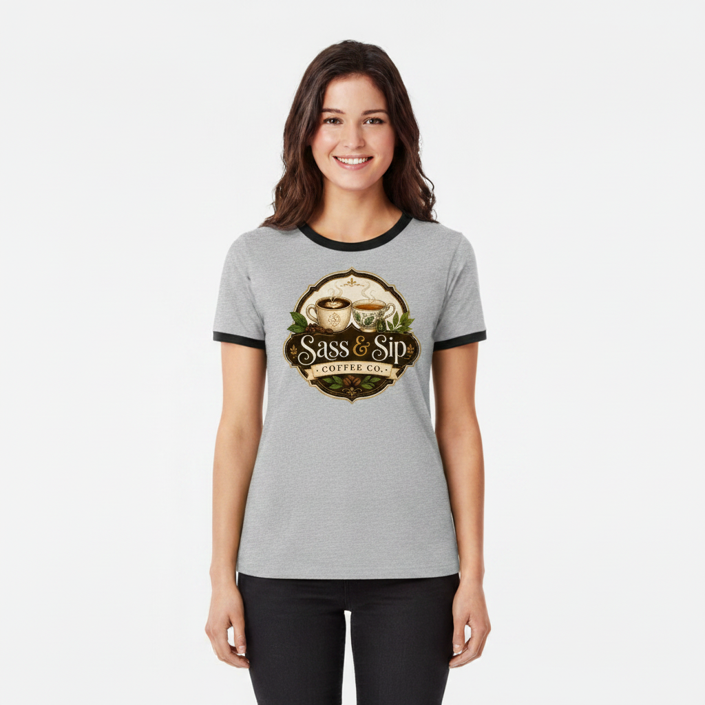 Heather Gray / Black Retro Roast Ringer Tee with Sass & Sip Coffee Co. logo