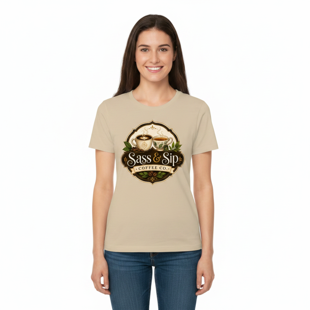 Desert Dust Organic Sassy Tee with Sass & Sip Coffee Co. logo