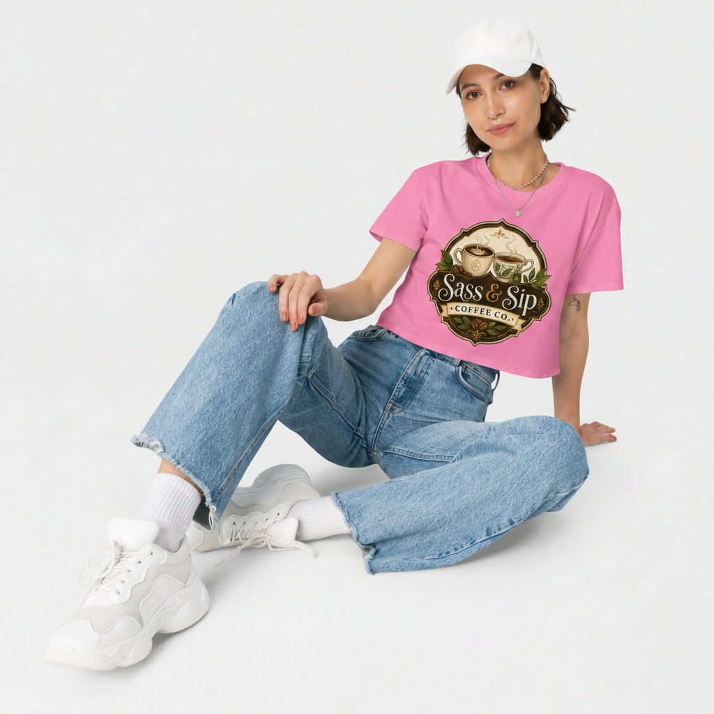 Bubblegum Cropped & Caffeinated Tee with Sass & Sip Coffee Co. logo