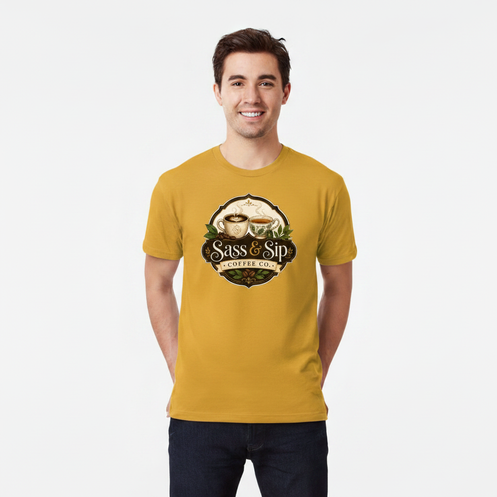 Vintage Gold Heavyweight Caffeine Attitude Tee with Sass & Sip Coffee Co. logo