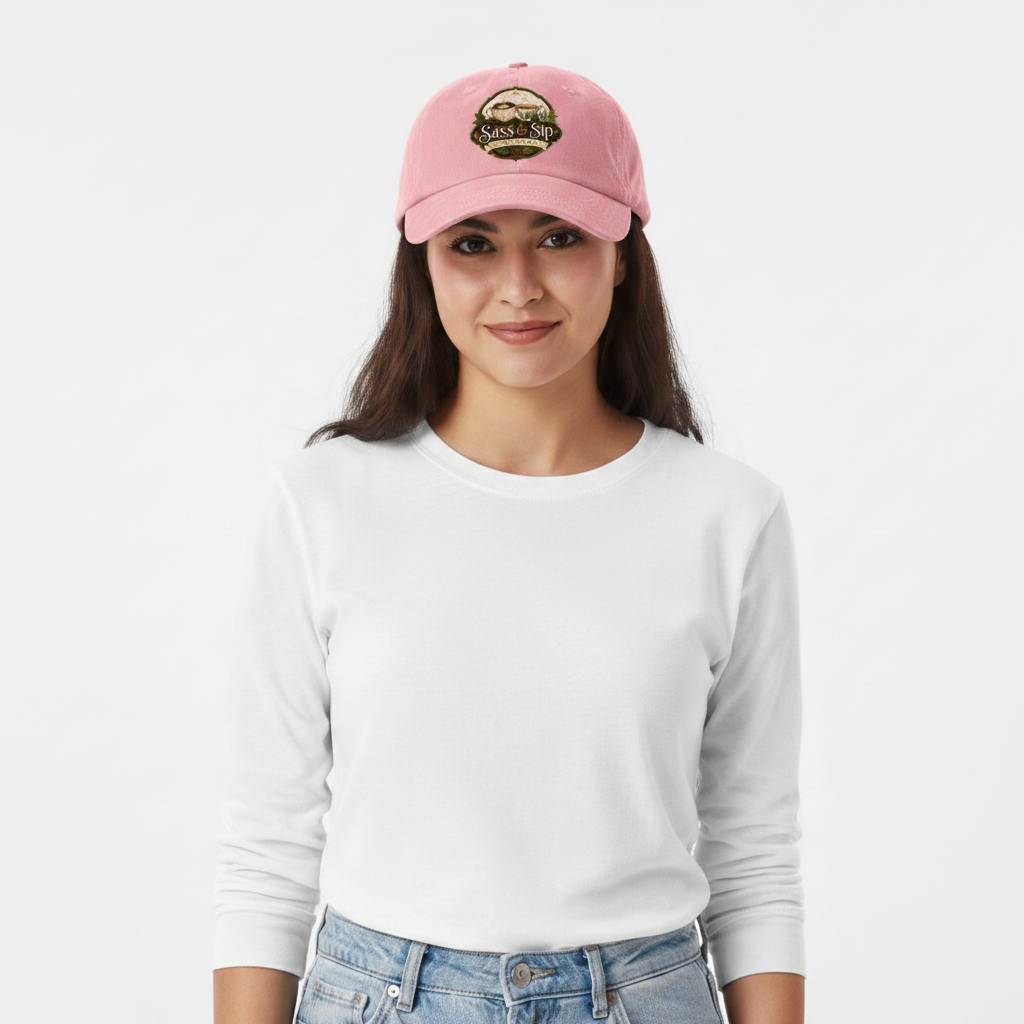 Pink Dad or Mom Hat with Sass & Sip Coffee Co. logo