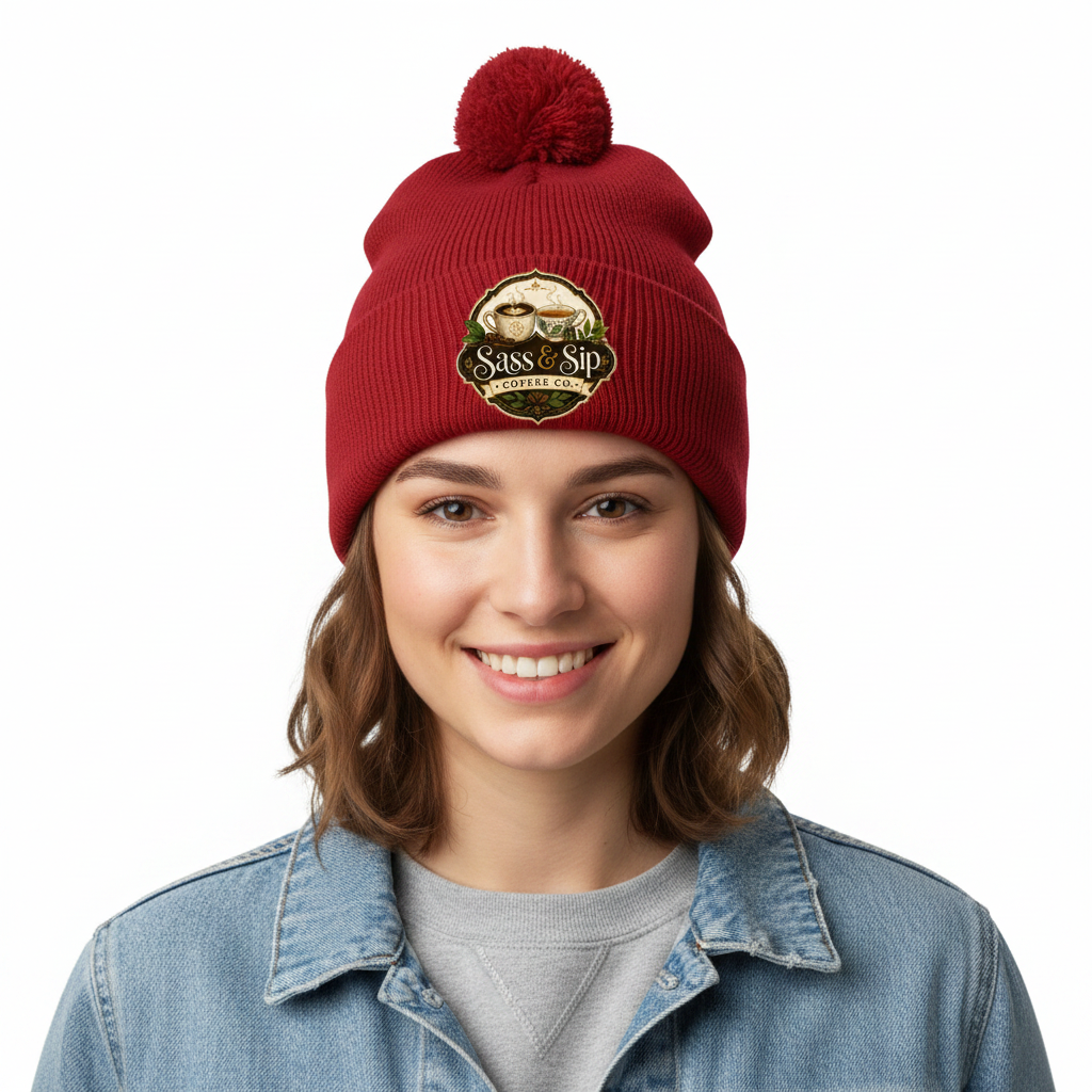 Red Pom-Pom Beanie with Sass & Sip Coffee Co. logo