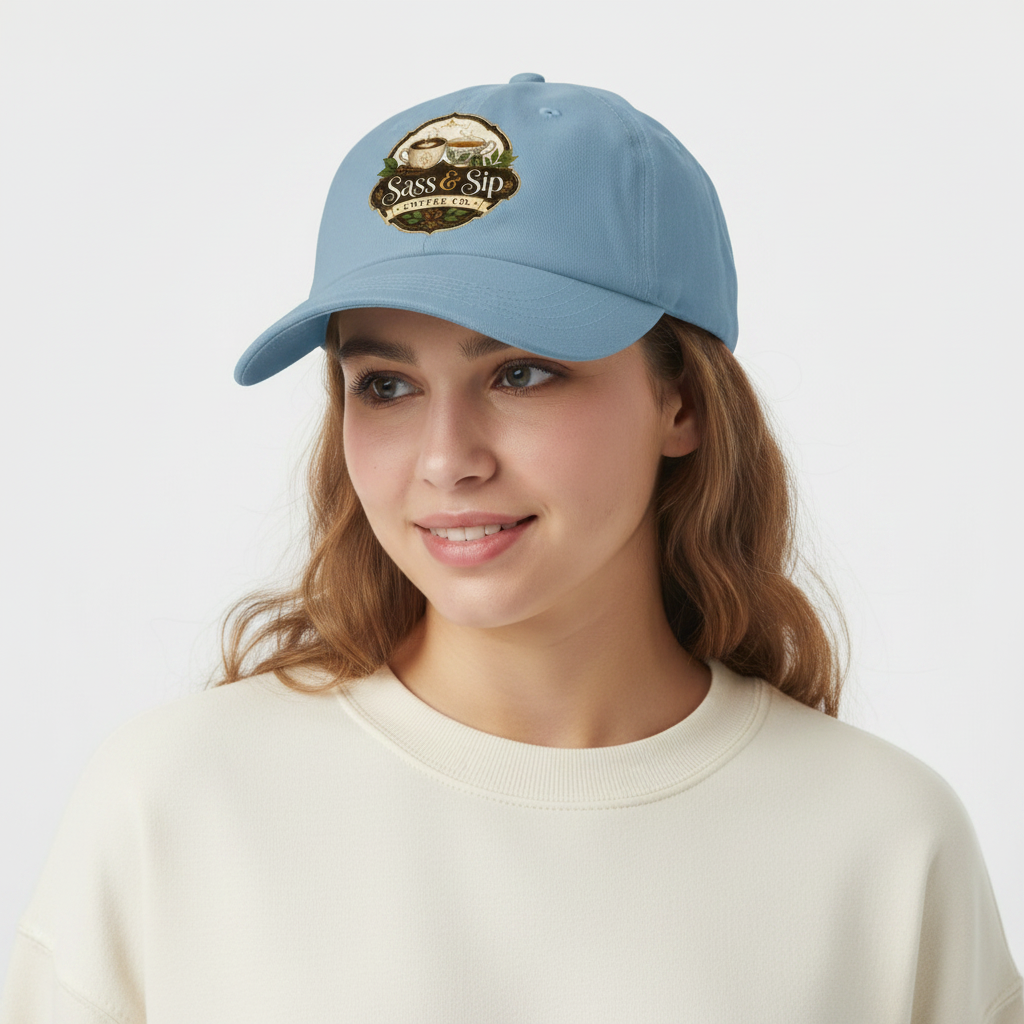 Light Blue Dad or Mom Hat with Sass & Sip Coffee Co. logo