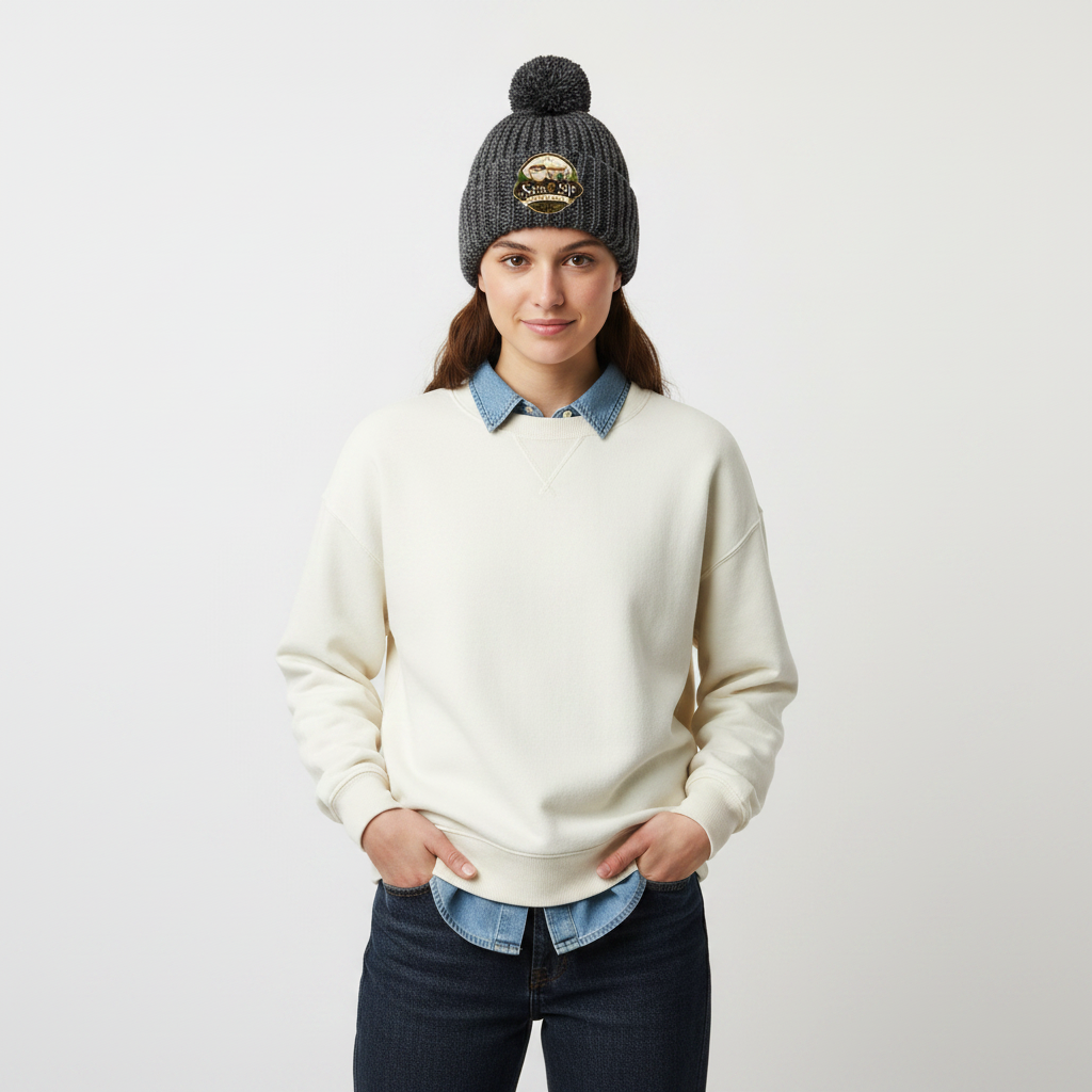 Dark Heather Grey Pom-Pom Beanie with Sass & Sip Coffee Co. logo