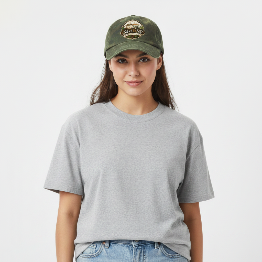 Green Camo Dad or Mom Hat with Sass & Sip Coffee Co. logo