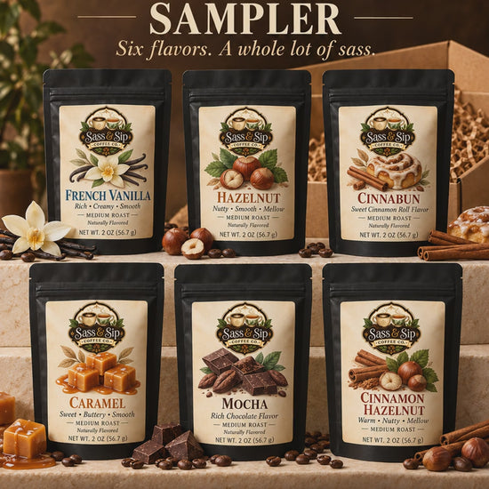 The Flavor With Attitude Sampler video: the 6 flavored coffees inside, 2 oz packs