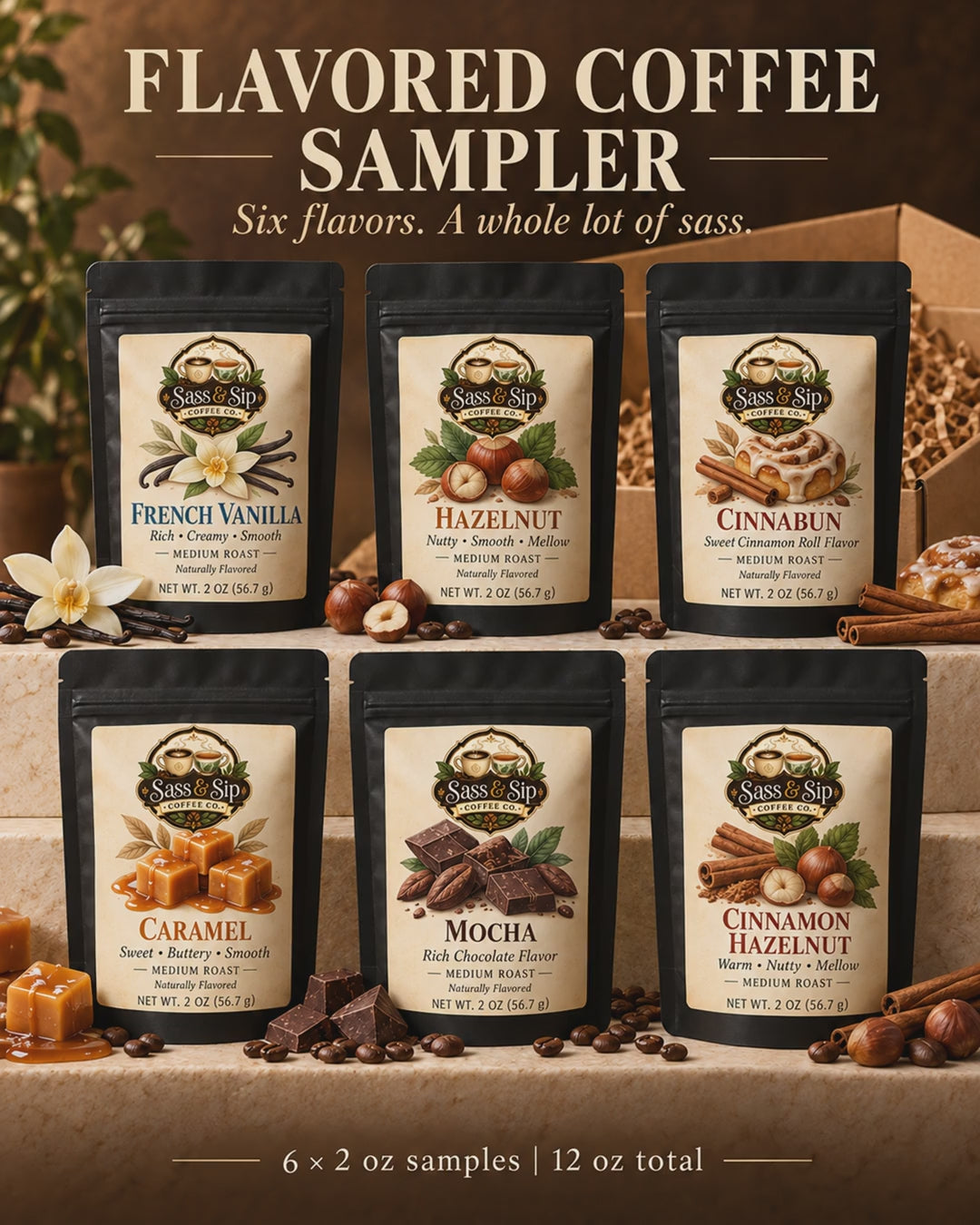 The Flavor With Attitude Sampler video: the 6 flavored coffees inside, 2 oz packs