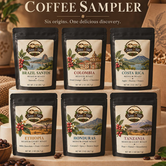 The Worldly Sassy Sampler video: the 6 single-origin coffees inside, 2 oz packs