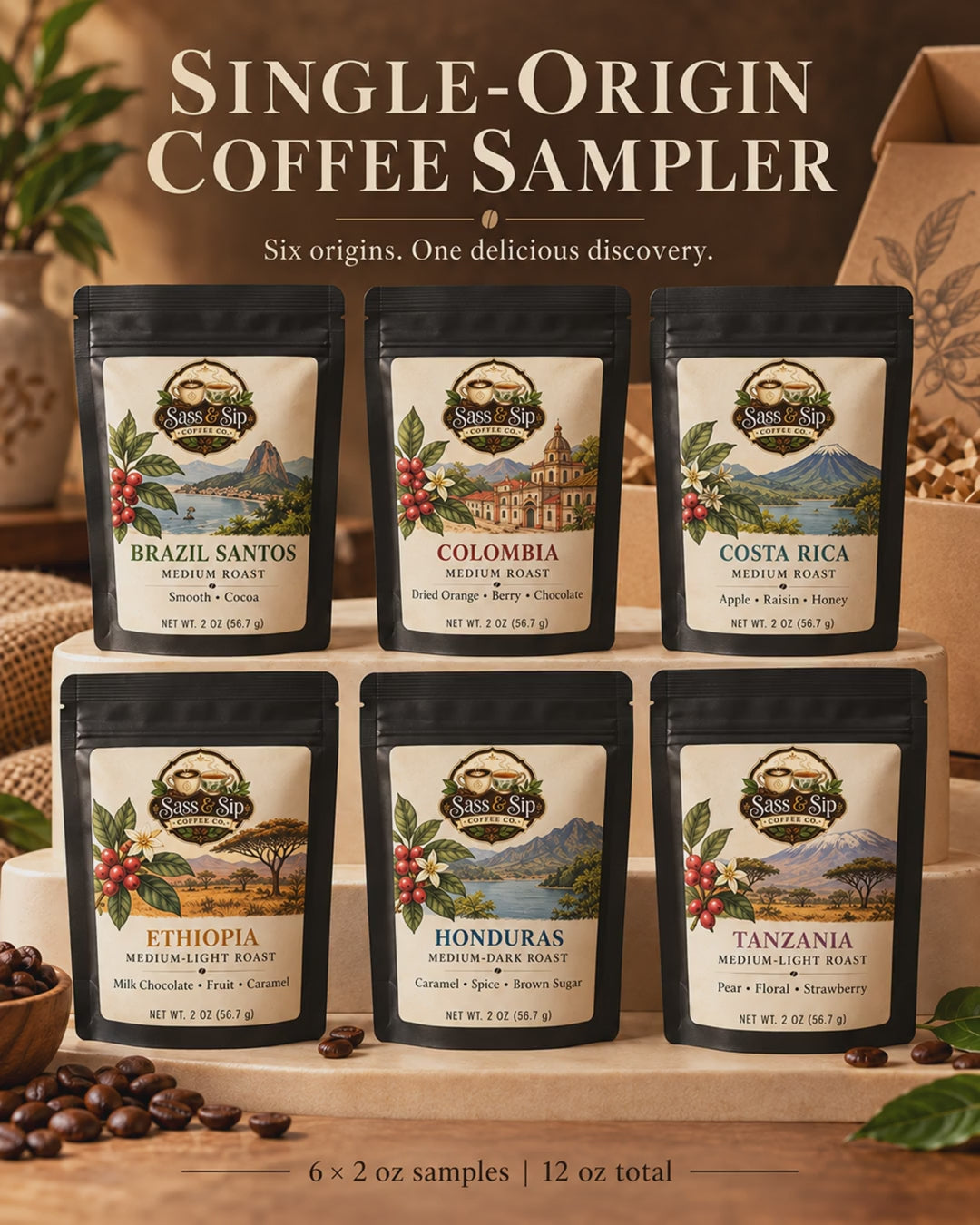 The Worldly Sassy Sampler video: the 6 single-origin coffees inside, 2 oz packs