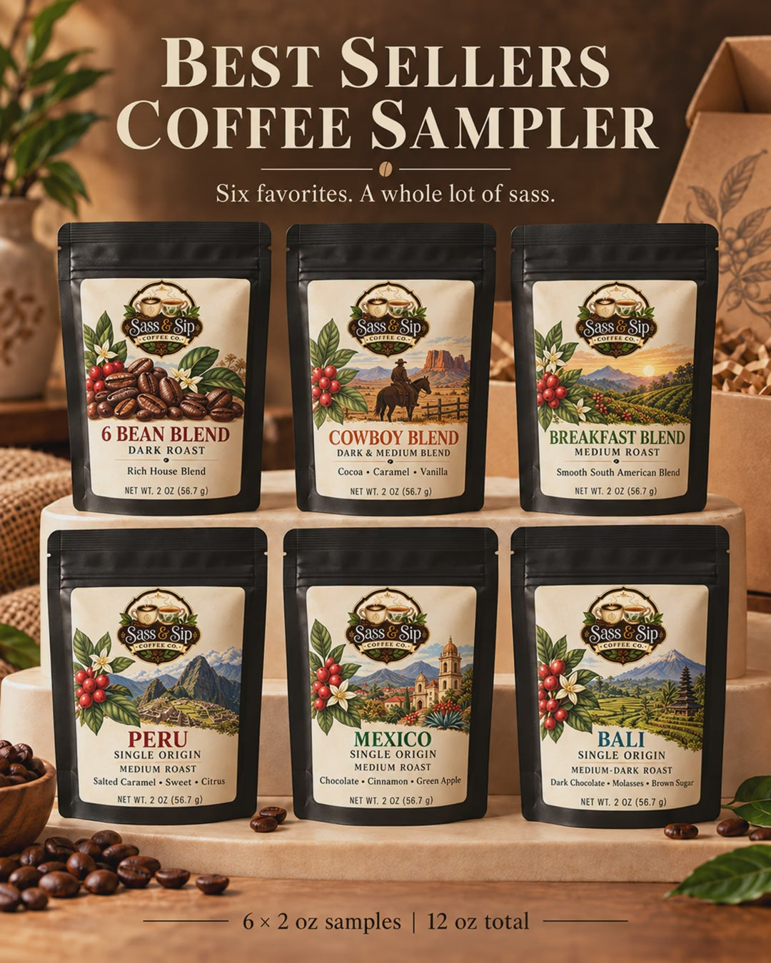 The Greatest Sips Coffee Sampler video: the 6 coffees inside, 2 oz packs